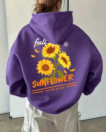 Sunflower Print Hoodie Women Fleece Warm Loose Fit Hooded Sweatshirt with Pocket