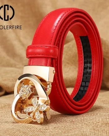 Women's Cowhide Leather Belt Luxury Candy Color Automatic Buckle Fashion Dress Belt