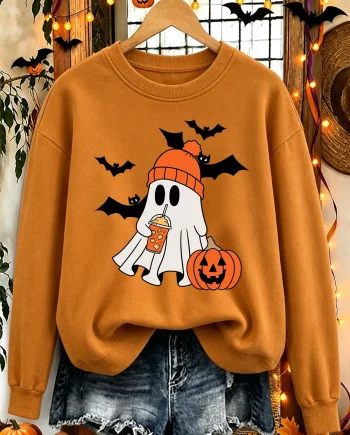 Halloween Sweatshirt Women Ghost Bat Pumpkin Print Fleece Crewneck Loose Fit Pullover