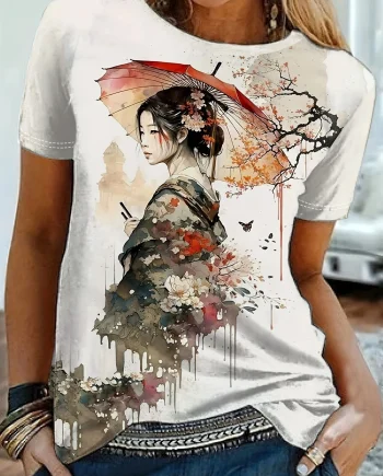 Japanese Beauty Print T-Shirt for Women – Stunning Casual Summer Top